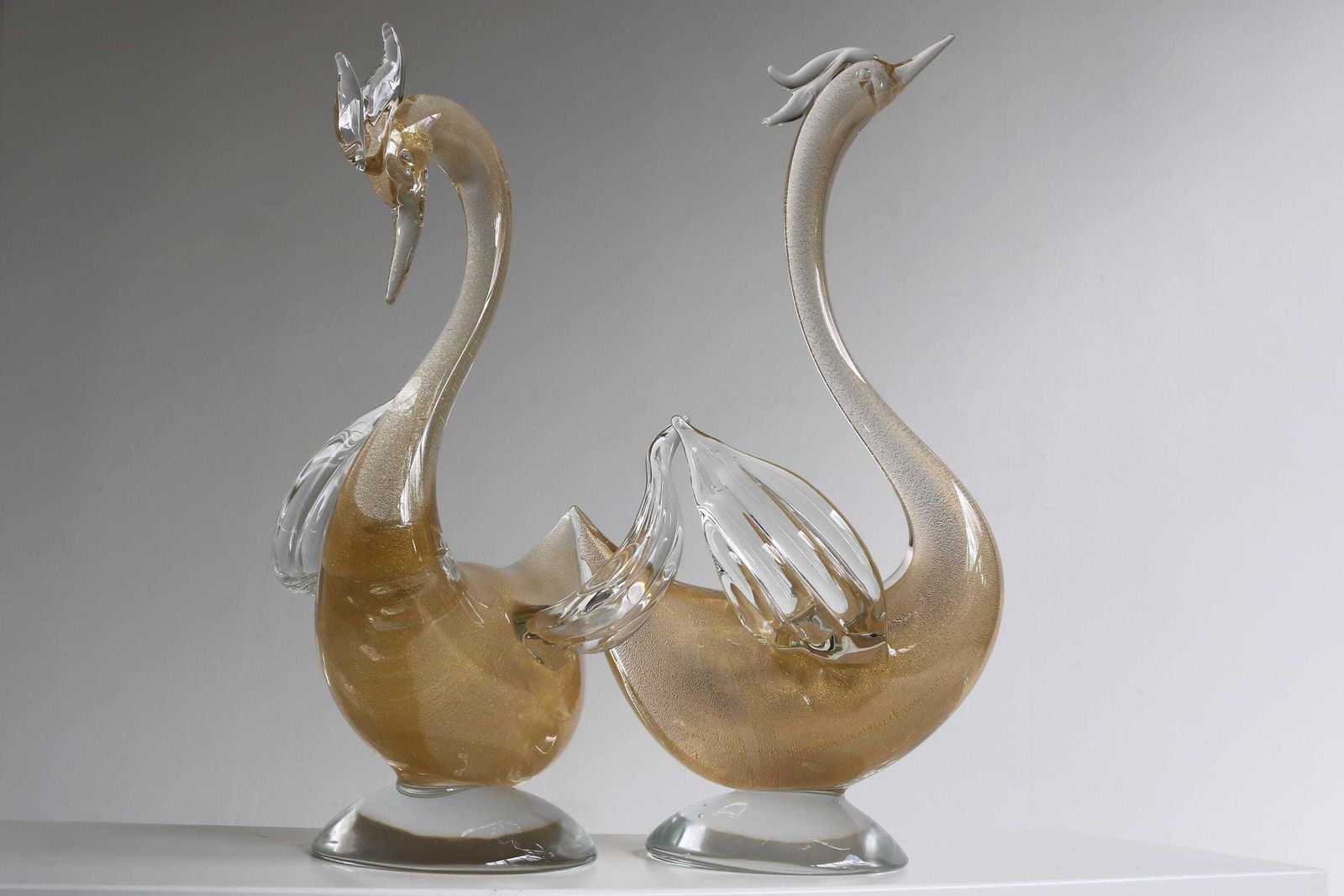Signed Murano Crystal Glass Swan Sculptures With Gold Leaf By Gambaro E Poggi Vintage Mid Century Italian Art Glass photo Art