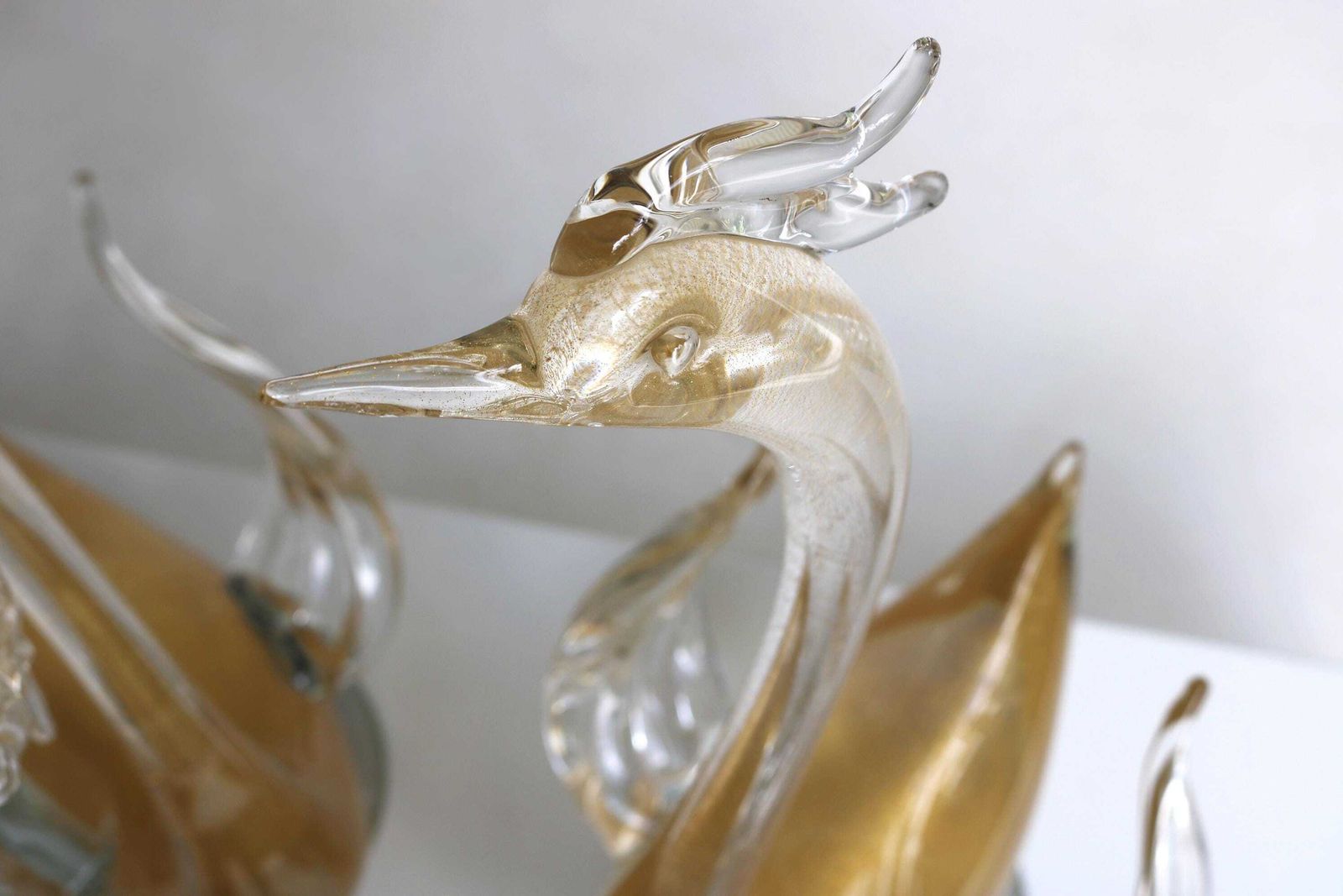 Signed Murano Crystal Glass Swan Sculptures With Gold Leaf By Gambaro E Poggi Vintage Mid Century Italian Art Glass photo buy