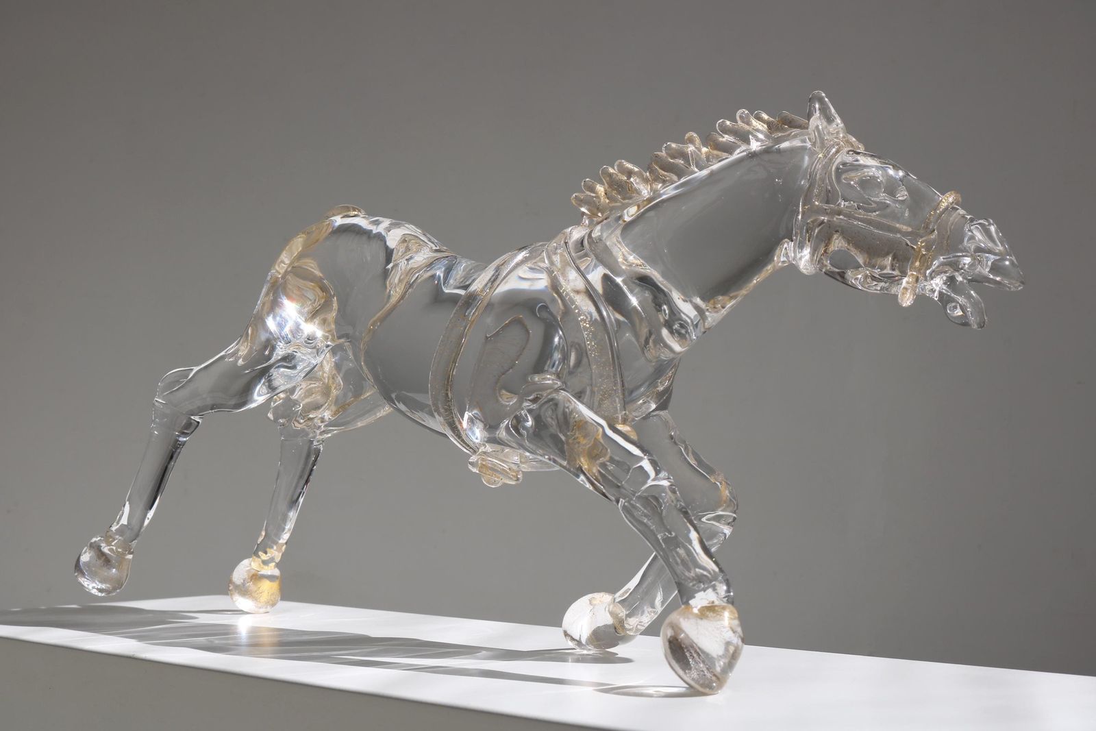 Murano Glass Horse Sculpture In Motion – Hand Blown Crystal With Gold By Arnaldo Zanella, Mid Century Italian Art photo Art