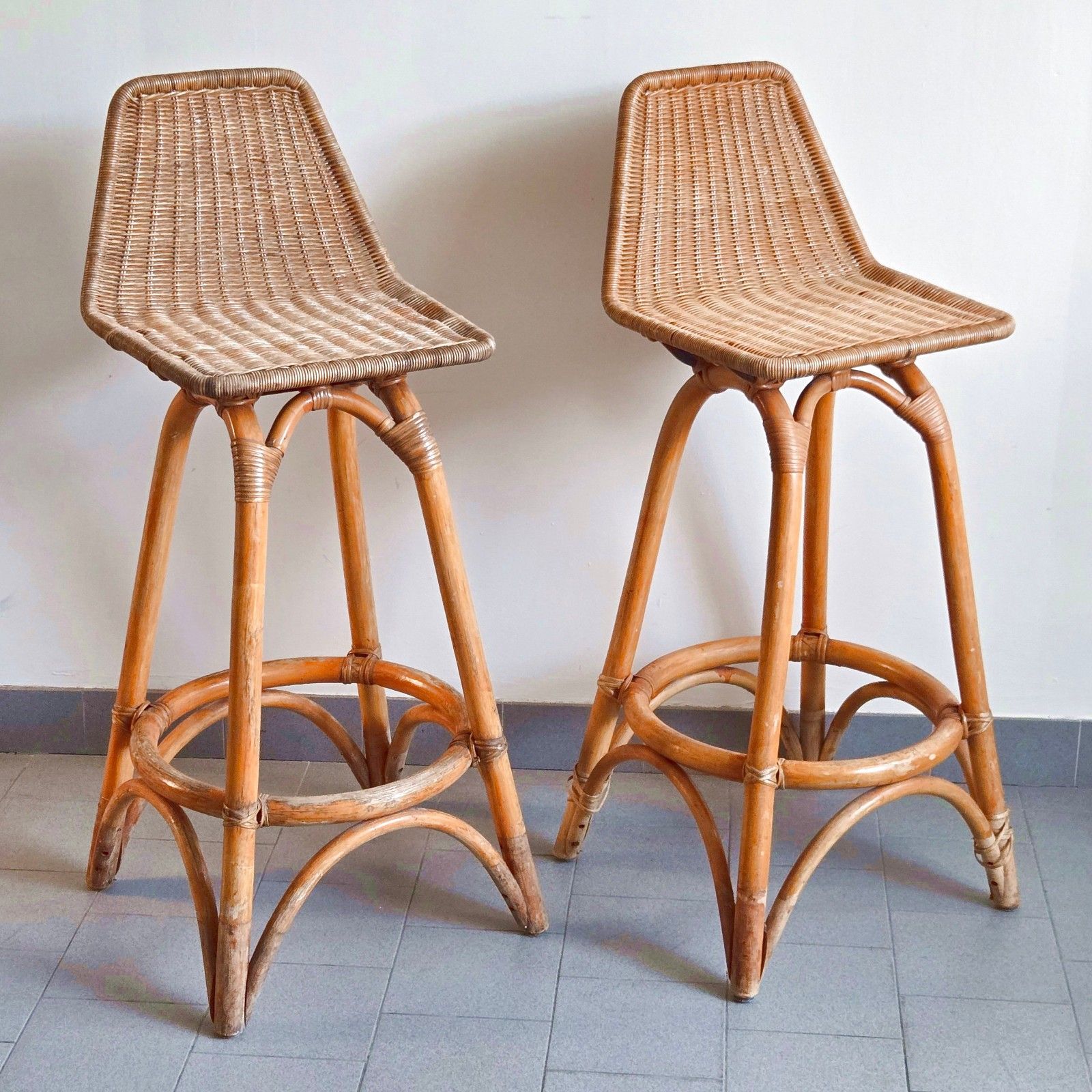 Pair Of Vintage 1950s Rattan & Bamboo Bar Stools Dirk Van Sliedgert 50s