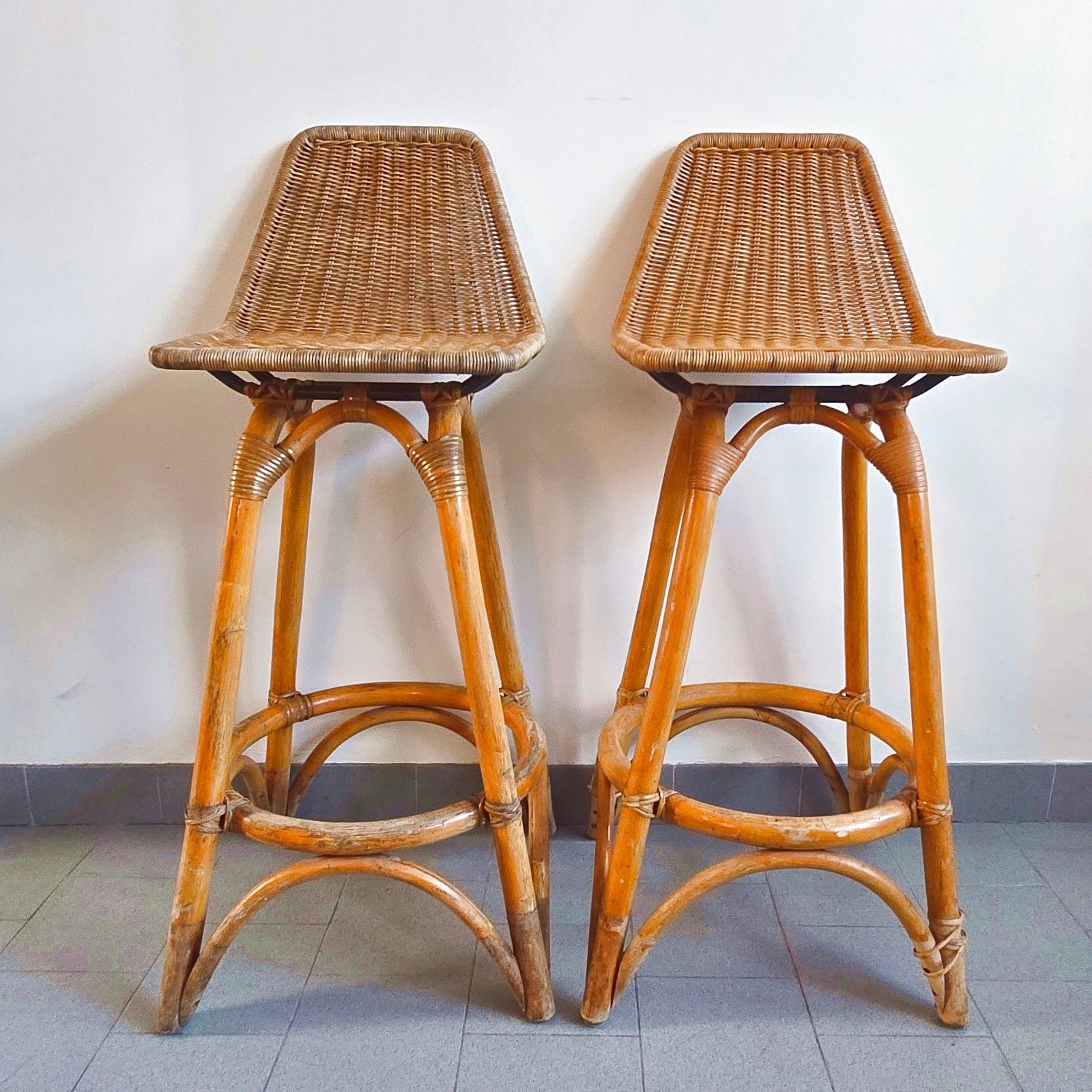 Pair Of Vintage 1950s Rattan & Bamboo Bar Stools Dirk Van Sliedgert 50s photo furniture