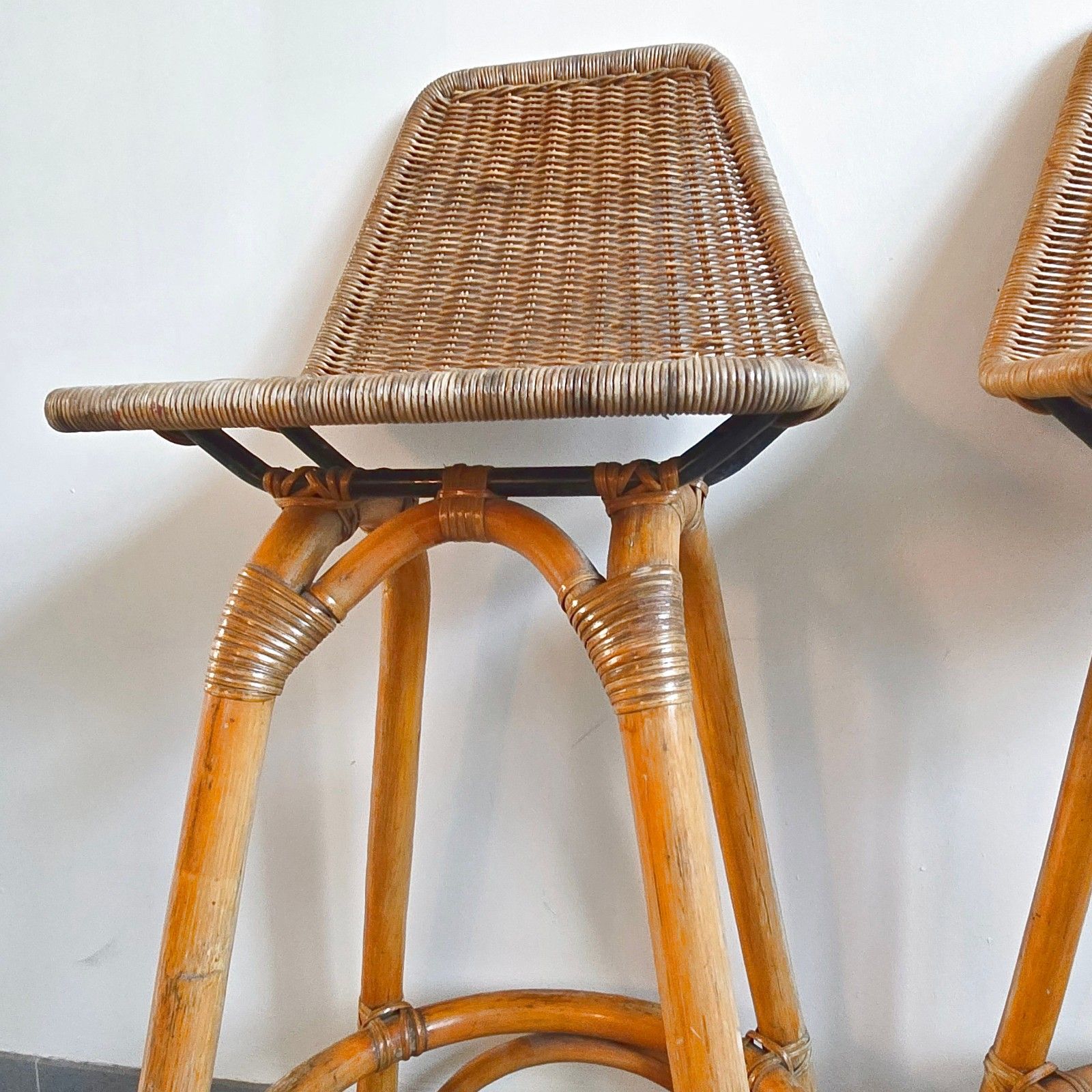 Pair Of Vintage 1950s Rattan & Bamboo Bar Stools Dirk Van Sliedgert 50s photo vinterior