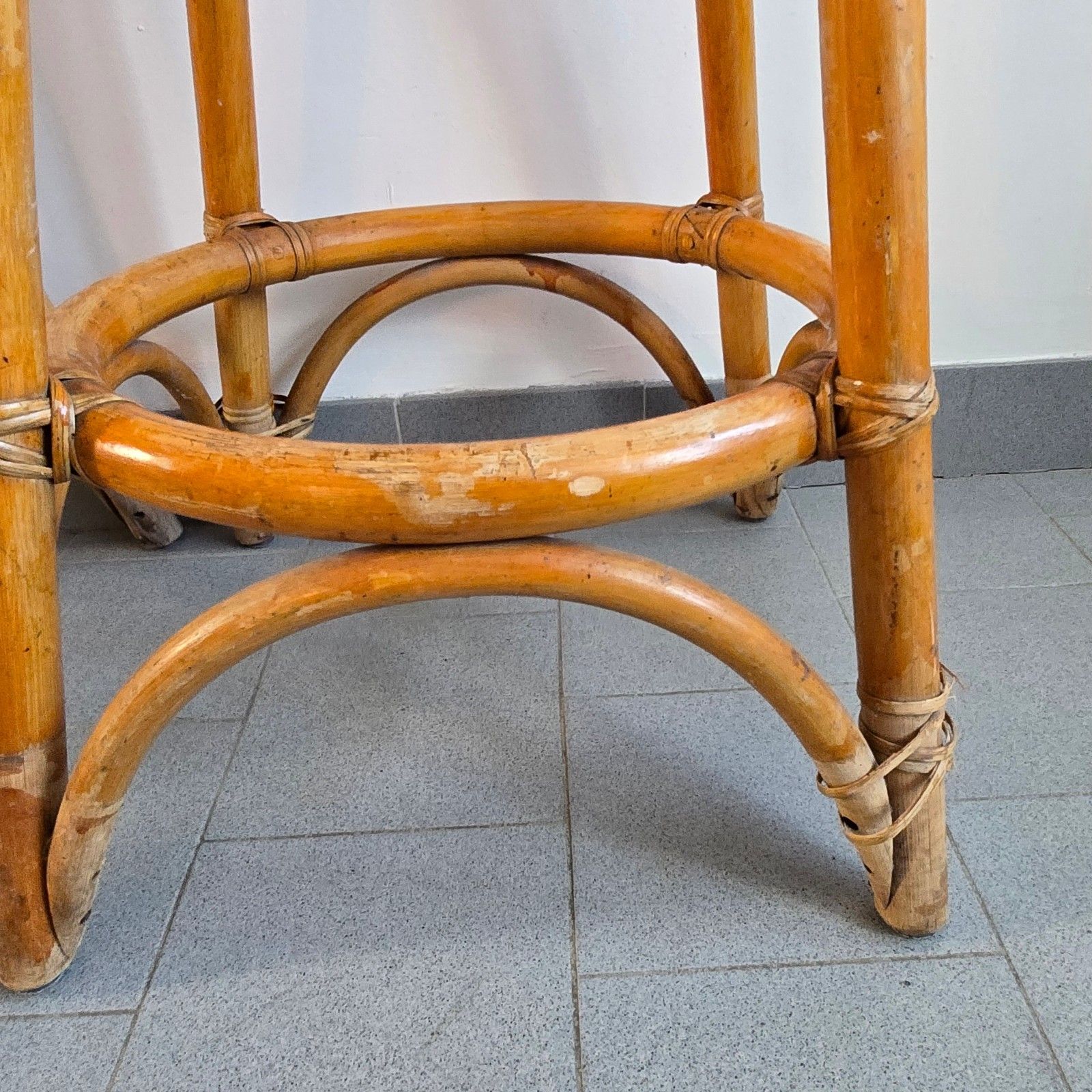 photo for sale Pair Of Vintage 1950s Rattan & Bamboo Bar Stools Dirk Van Sliedgert 50s