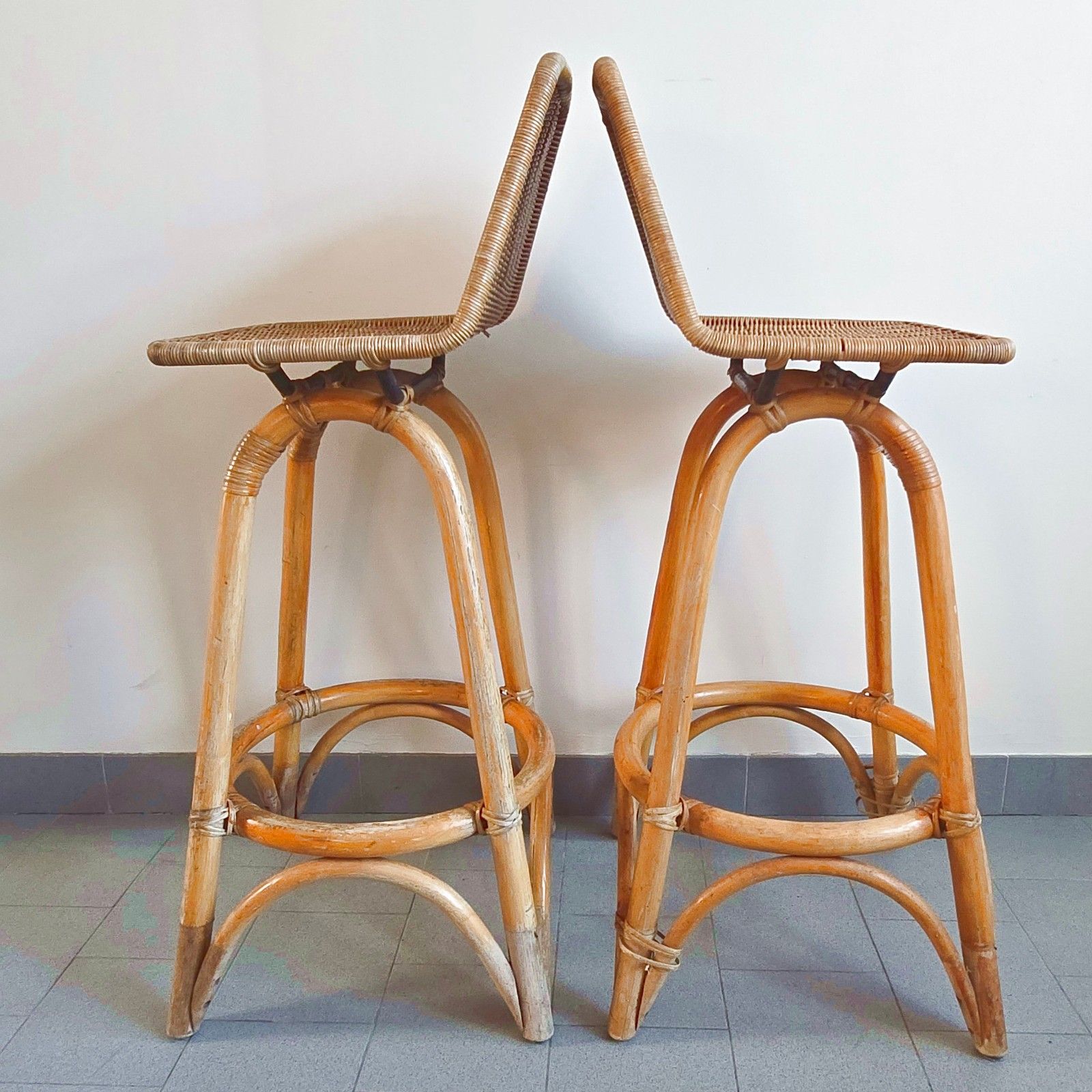 photo vinterior Pair Of Vintage 1950s Rattan & Bamboo Bar Stools Dirk Van Sliedgert 50s