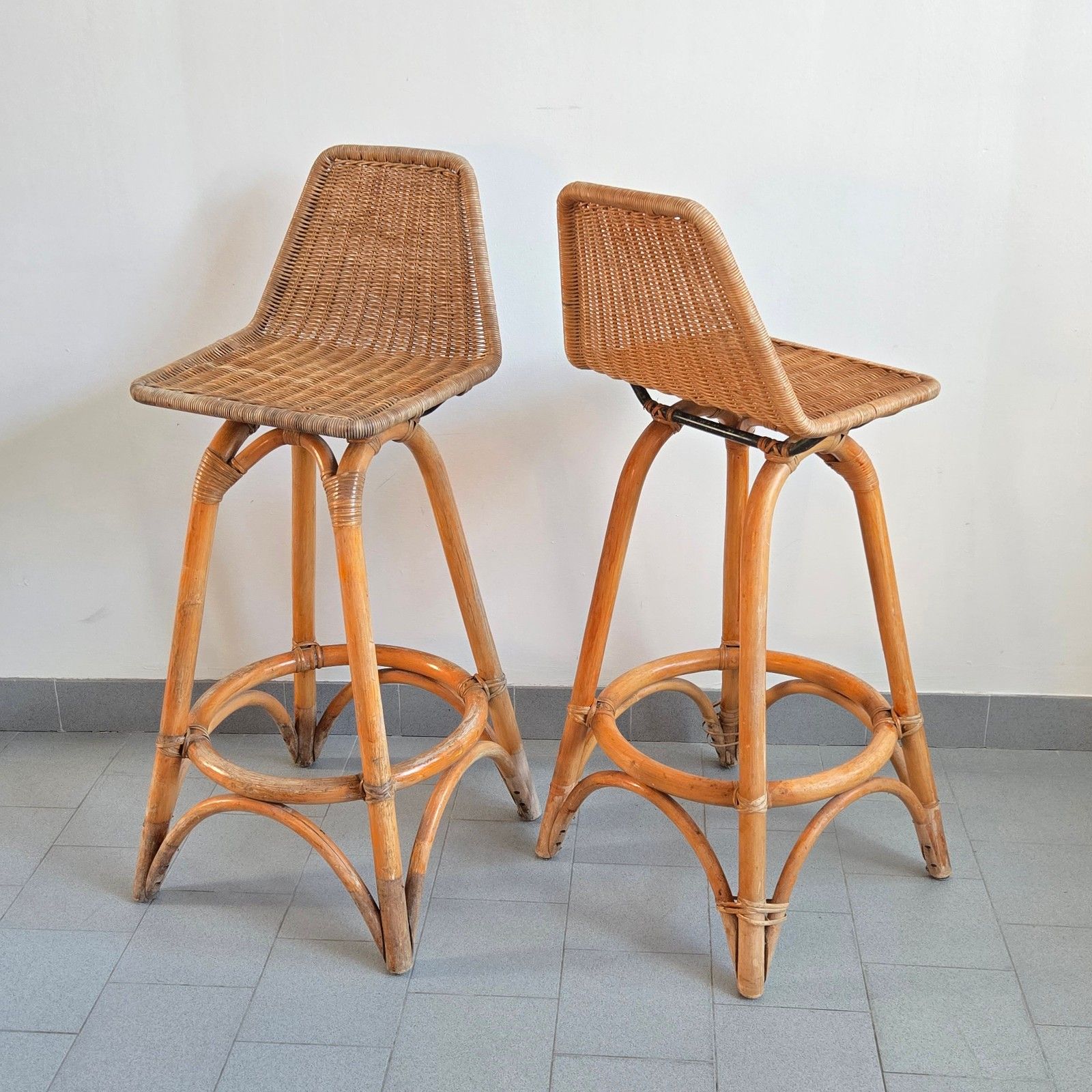 photo buy Pair Of Vintage 1950s Rattan & Bamboo Bar Stools Dirk Van Sliedgert 50s
