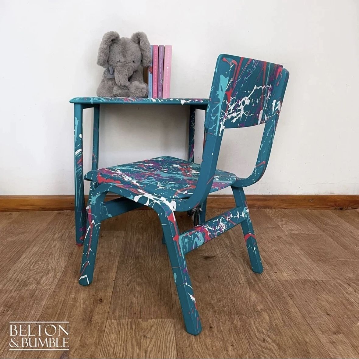 Child’s Writing Desk, Table And Chair Set In Teal With Multi Coloured Details photo furniture