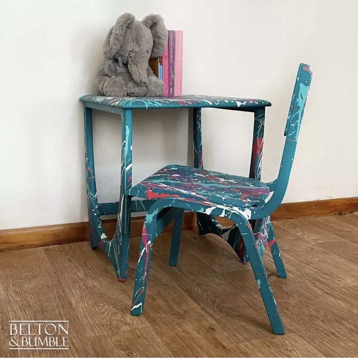 Child’s Writing Desk, Table And Chair Set In Teal With Multi Coloured Details