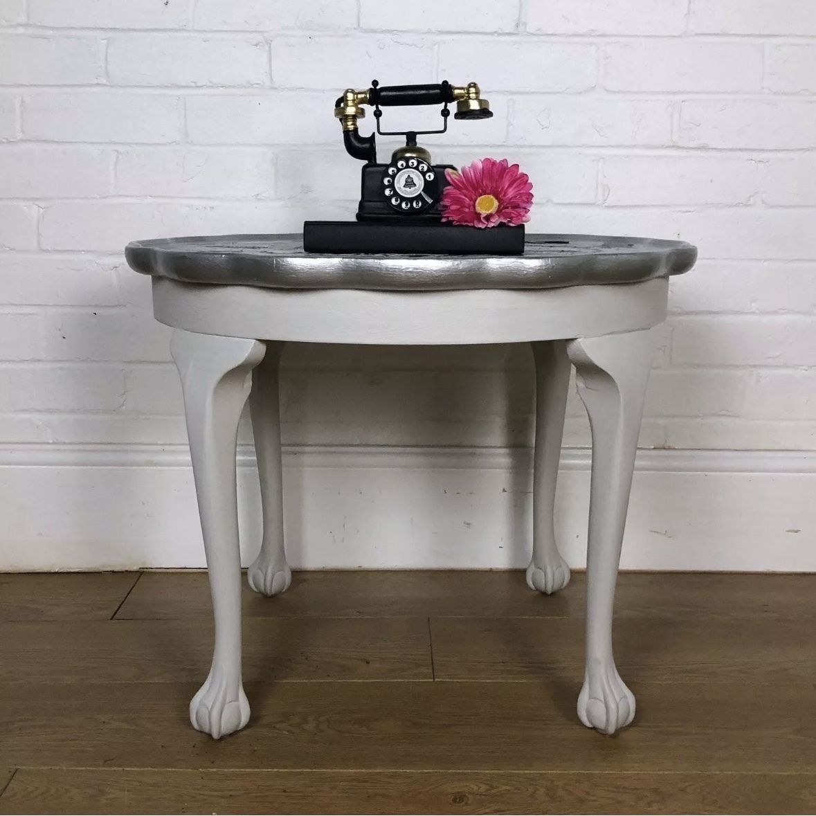 Light Grey And Silver Edged Pie Crust Paint Poured Table With Claw And Ball Feet photo buy