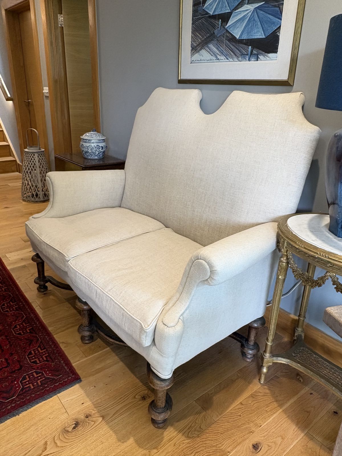 Edwardian 2 Seater High Back Sofa – Professionally Upholstered In Chic Beige Linen/Wool photo vinterior