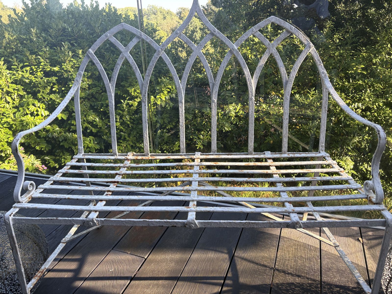 Gothic Arched Garden Furniture Set – Wrought Iron Bench & Two Chairs In White