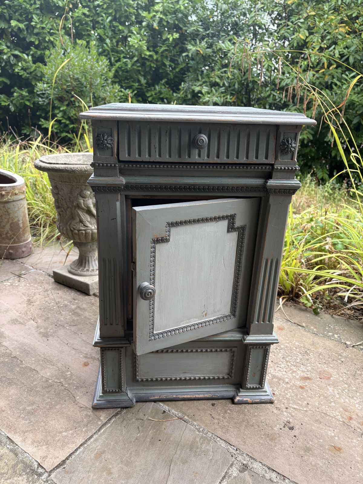Pair Of French Style Bedside Cabinets – Grey/Blue With Decorative Detailing photo for sale