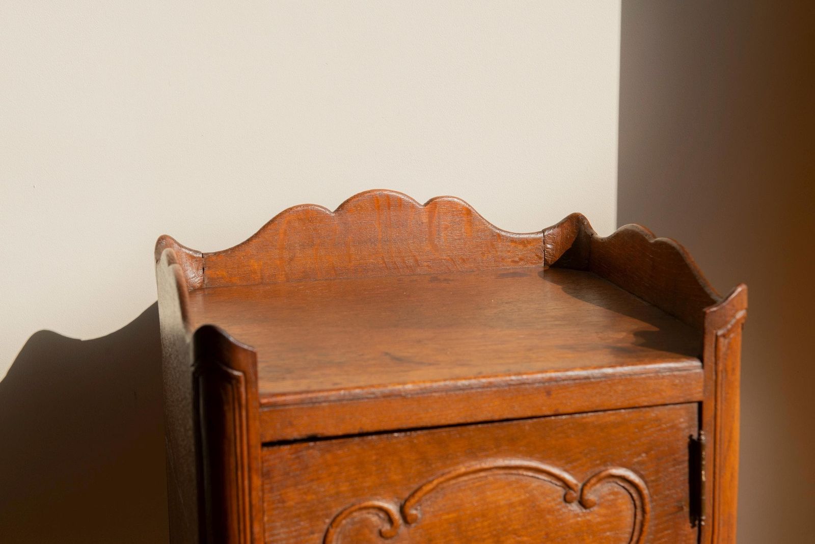 Antique Wooden Cabinet, French Bedside Table, Oak Telephone Table, Bend Legs, Scalloped Side Table With Door photo Furniture