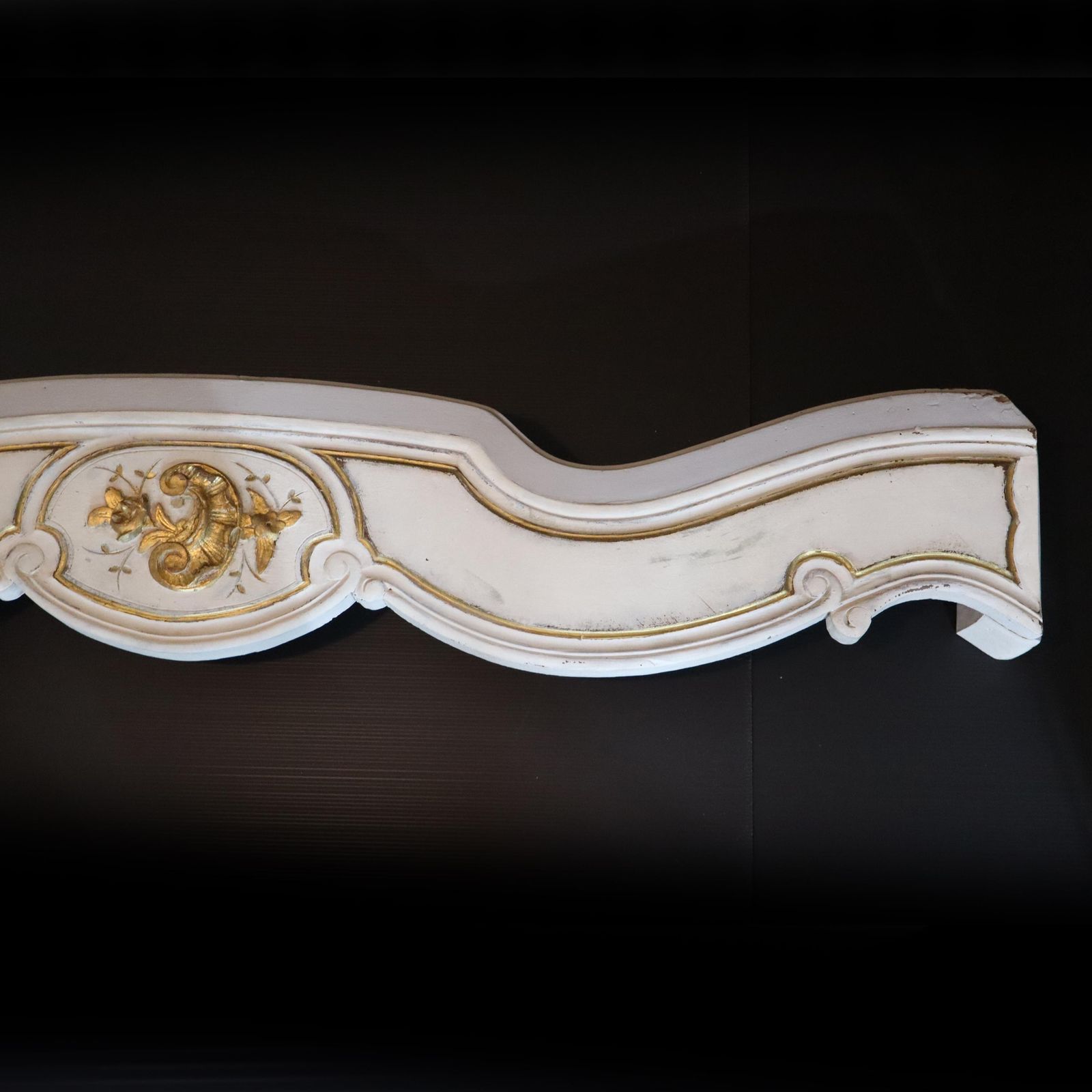 Antique French Wood Curtain Pelmet Large Giltwood Carved Window Valance White Gold Pediment photo for sale