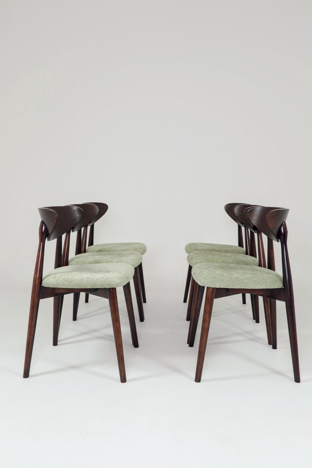 Modern Set Of 6 Dining Chairs, Sage Farbic And Dark Walnut Beech Wood photo for sale