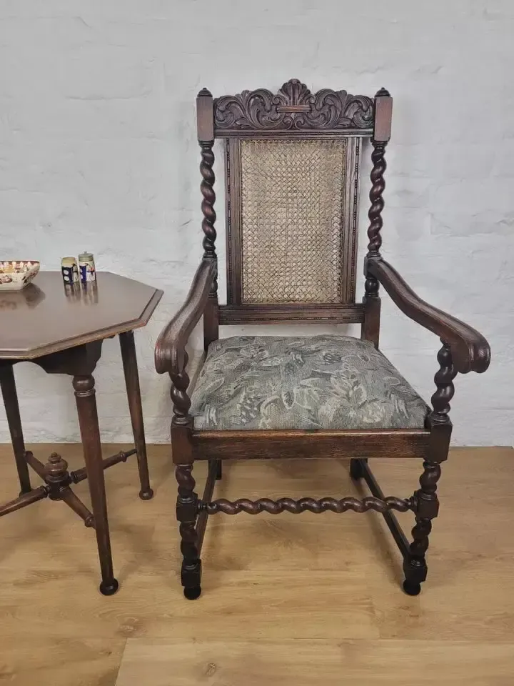 Victorian Barley Twist Armchair Carved Oak Antique Upholstered photo furniture