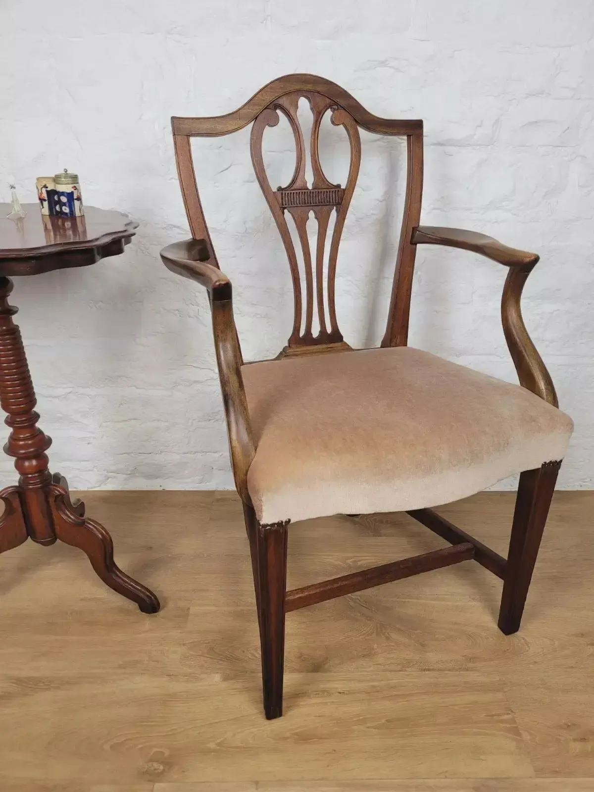 Victorian Dining Armchair Oak Carved Pierced Back Upholstered
