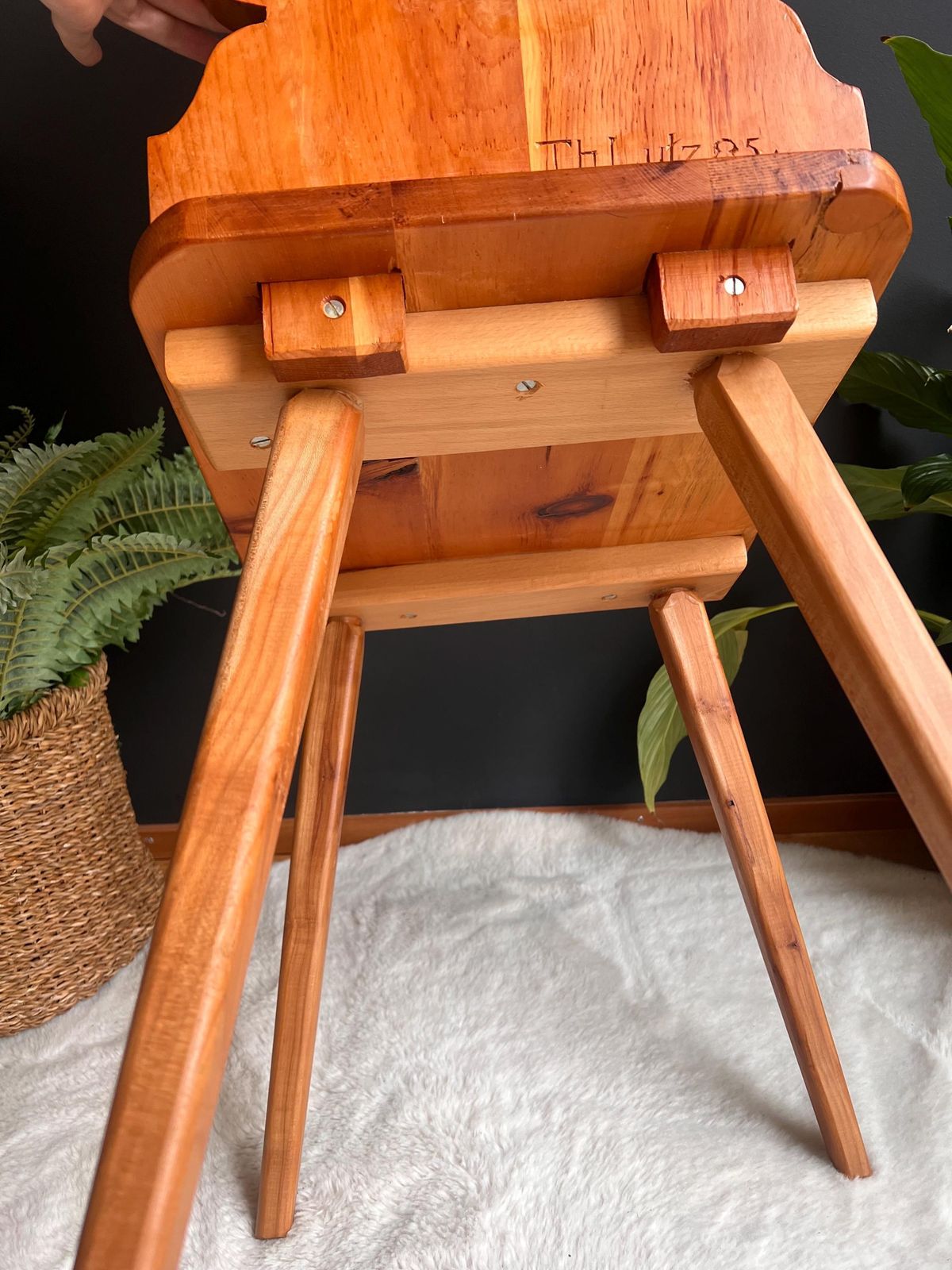 Hand Carved Swiss Folk Art Chair | Vintage Alpine Hunting Lodge Decor | Rustic Wooden Chair Stag & Oak Leaf Carving Graubünden Switzerland photo furniture