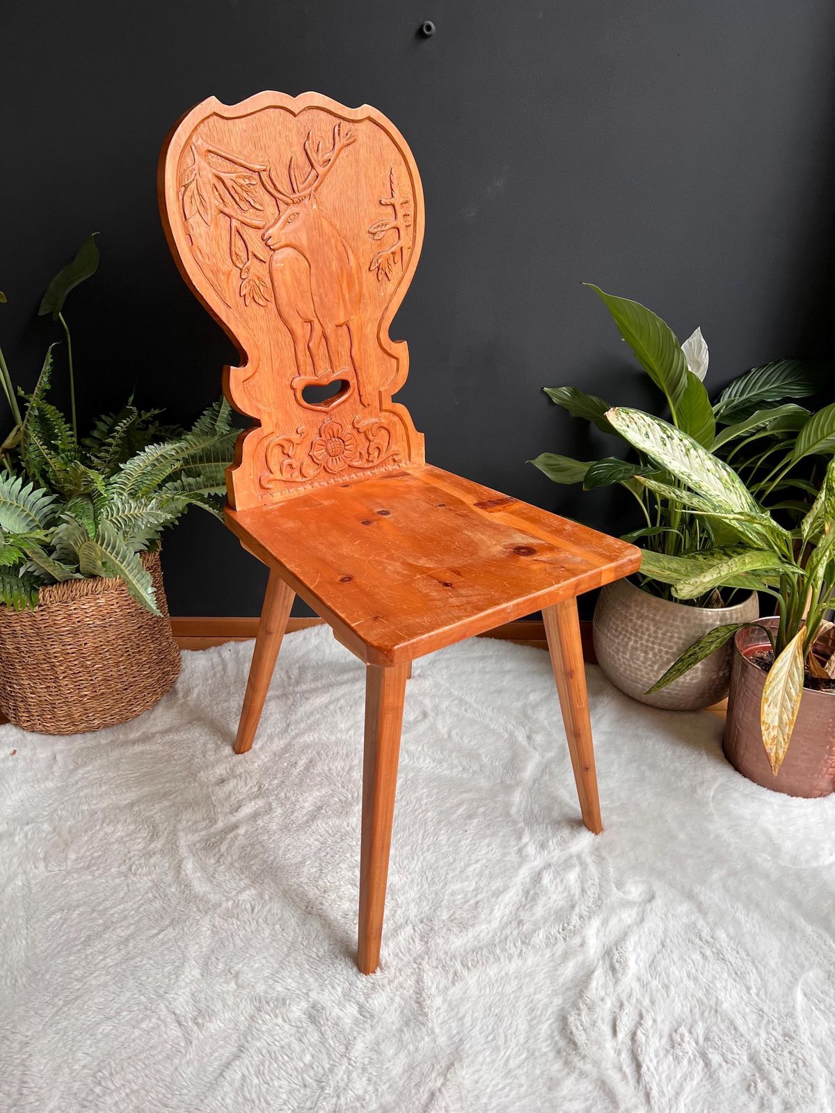 Hand Carved Swiss Folk Art Chair | Vintage Alpine Hunting Lodge Decor | Rustic Wooden Chair Deer & Oak Leaf Carving Graubünden Switzerland