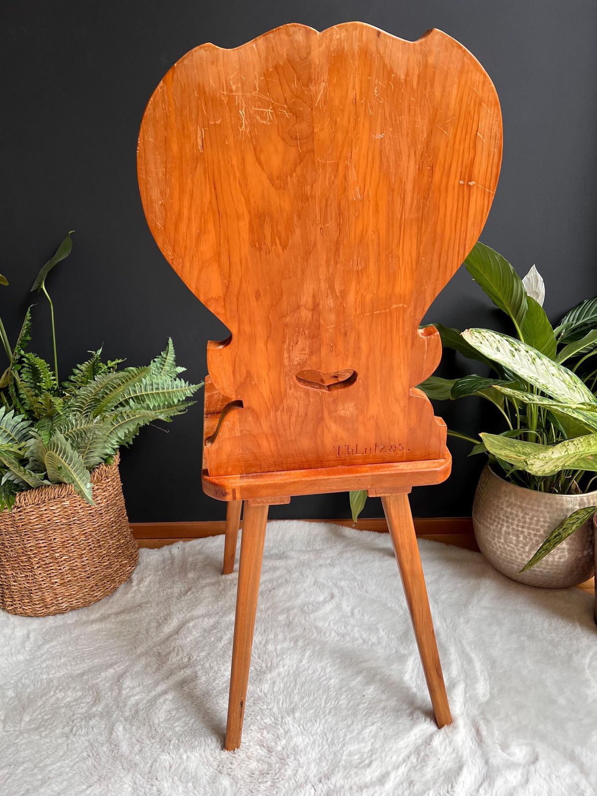 Hand Carved Swiss Folk Art Chair | Vintage Alpine Hunting Lodge Decor | Rustic Wooden Chair Deer & Oak Leaf Carving Graubünden Switzerland photo vintage