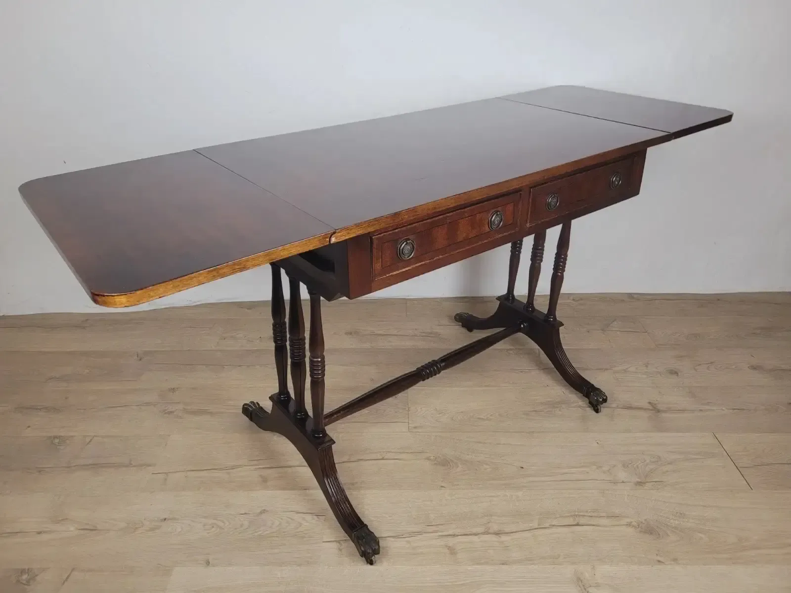 Drop Leaf Side Table Drawers Mahogany Castors Vintage 1940s photo furniture
