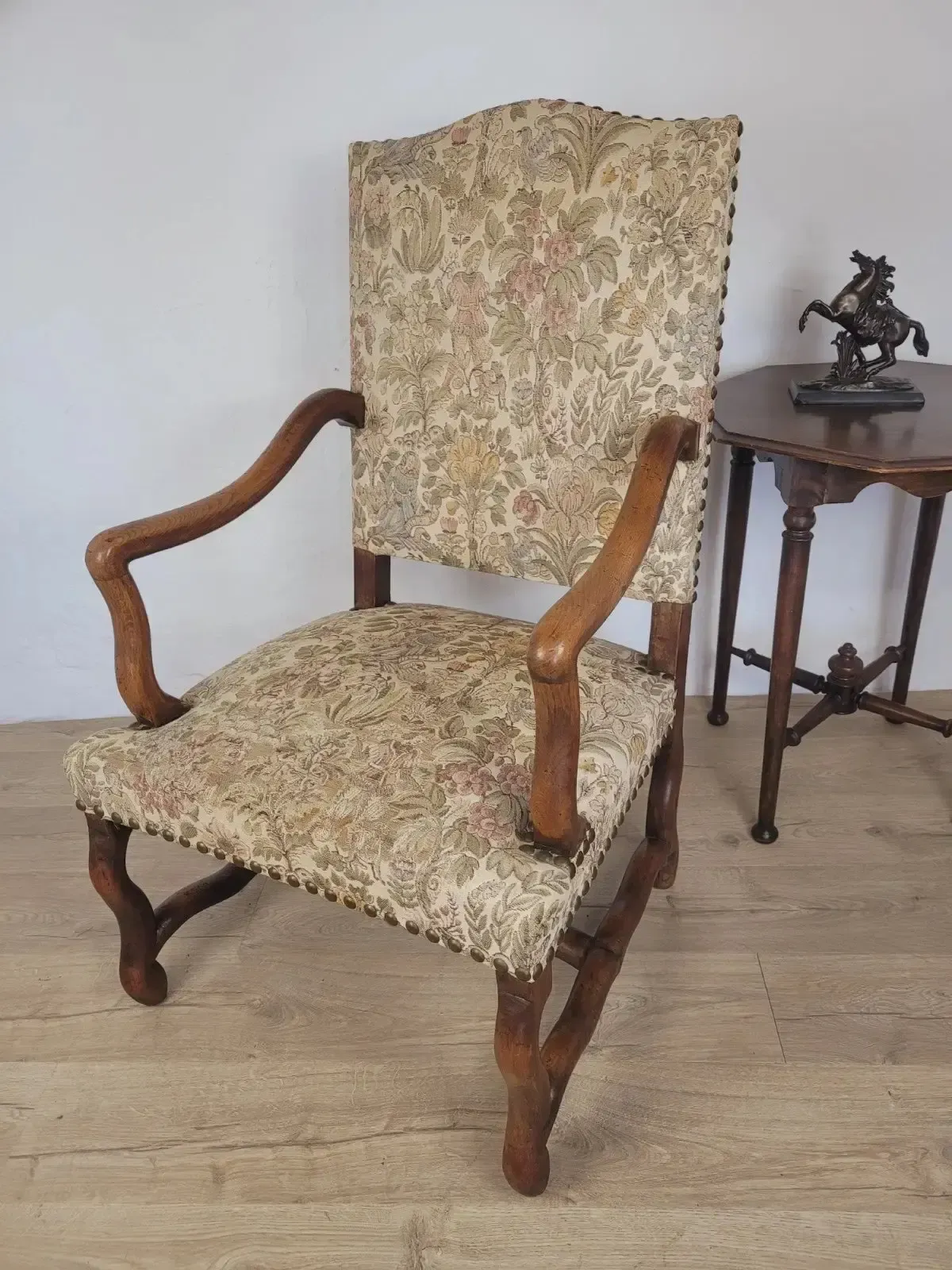 French Walnut Open Armchair 19th Century Upholstered Antique