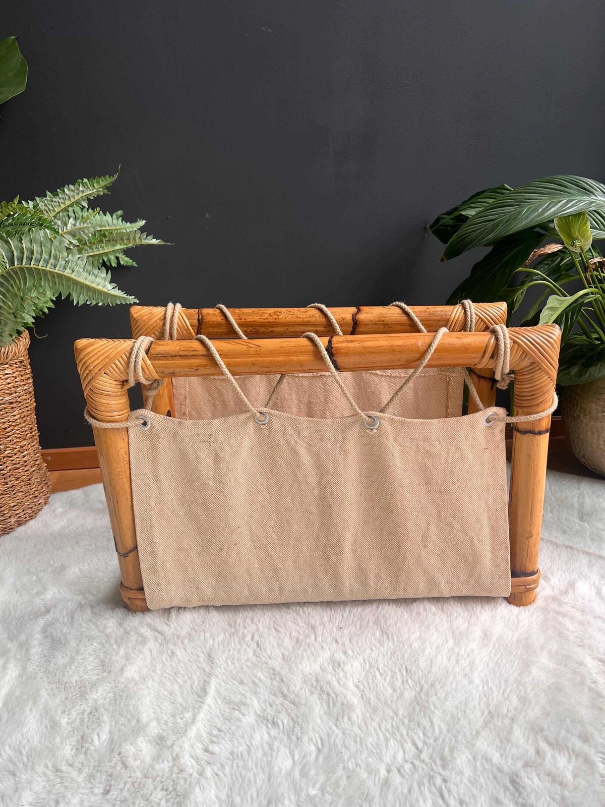 Vintage Boho Bamboo & Jute Magazine Rack Mid Century Modern Organic Decor, Cozy Minimalist Home Woven Organizer, Lp Vinyl Holder photo Home Decor