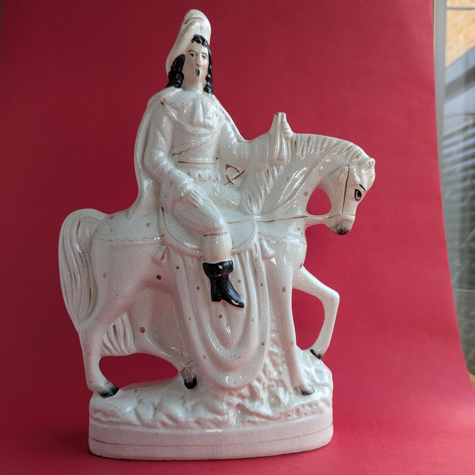Large Staffordshire Pottery Flatback Figure, Bonnie Prince Charlie On Horseback
