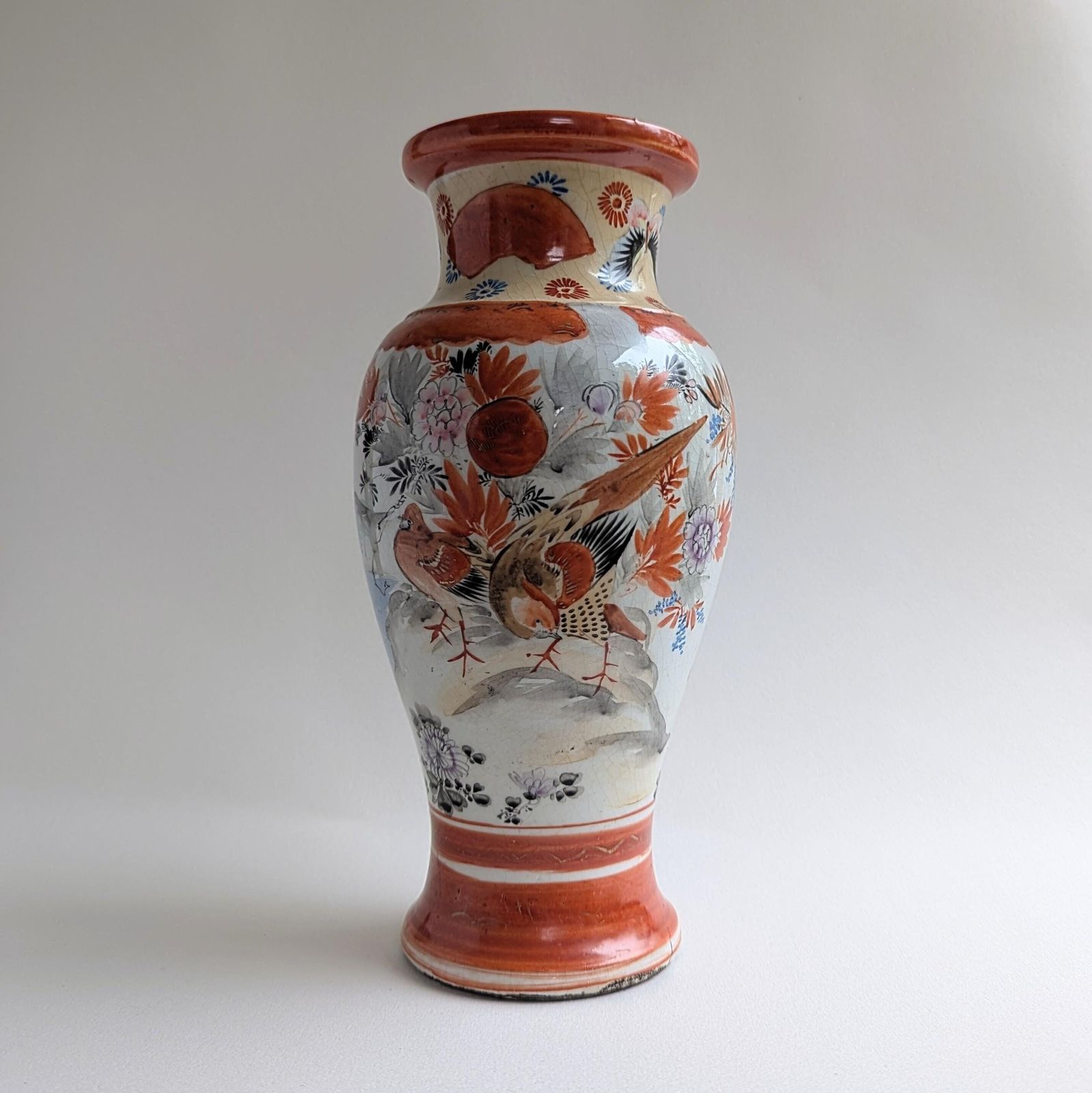 19th Century Red Japanese Meiji Kutani Vase, Hand Painted Gilt Porcelain