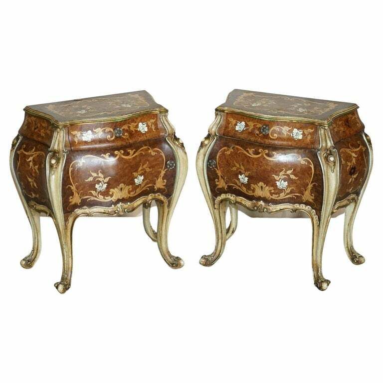 Fine Pair Of Italian Marquetry Inlaid Burr Walnut Bedside Bombe Chest Of Drawers