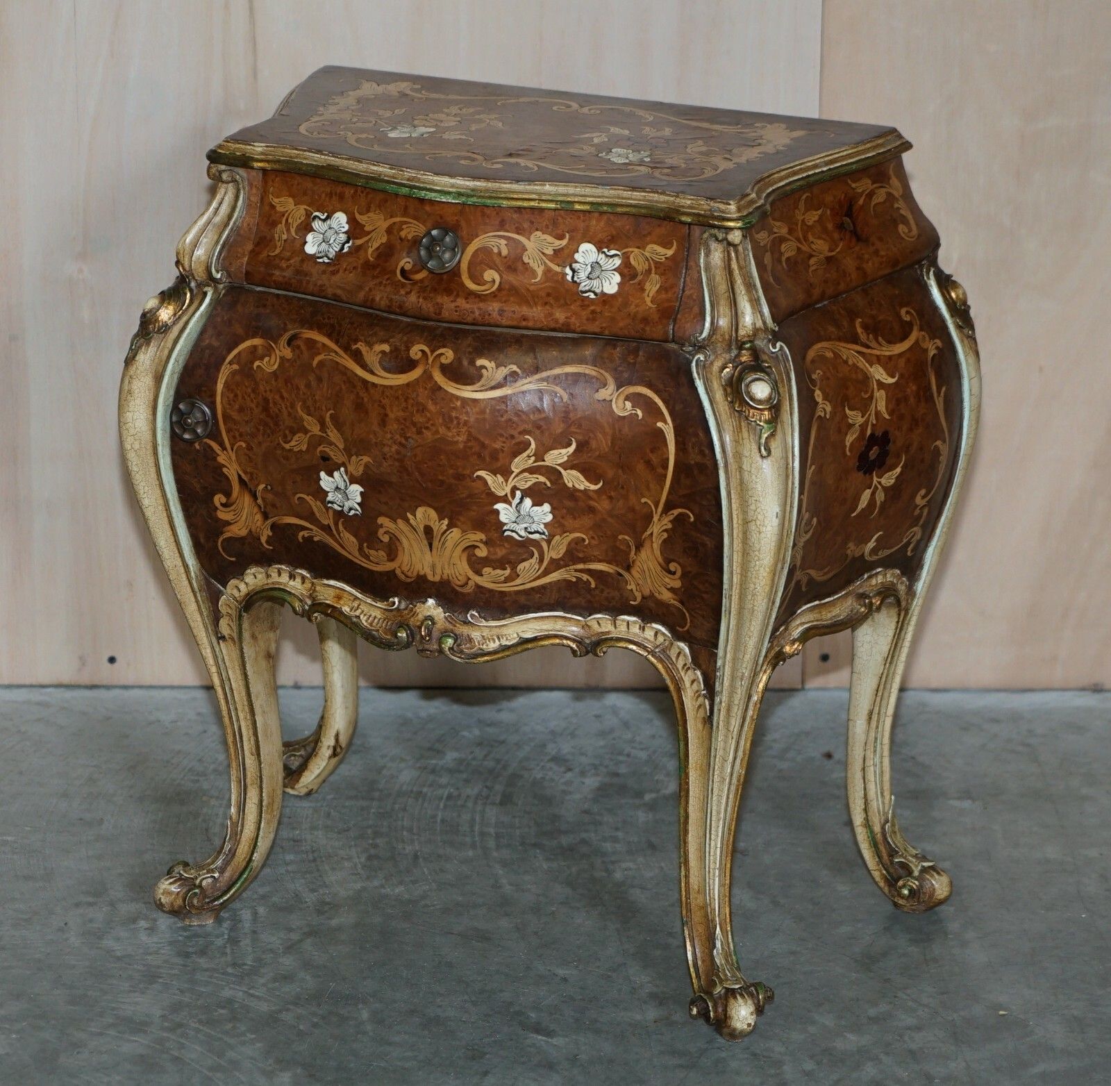 Fine Pair Of Italian Marquetry Inlaid Burr Walnut Bedside Bombe Chest Of Drawers photo furniture