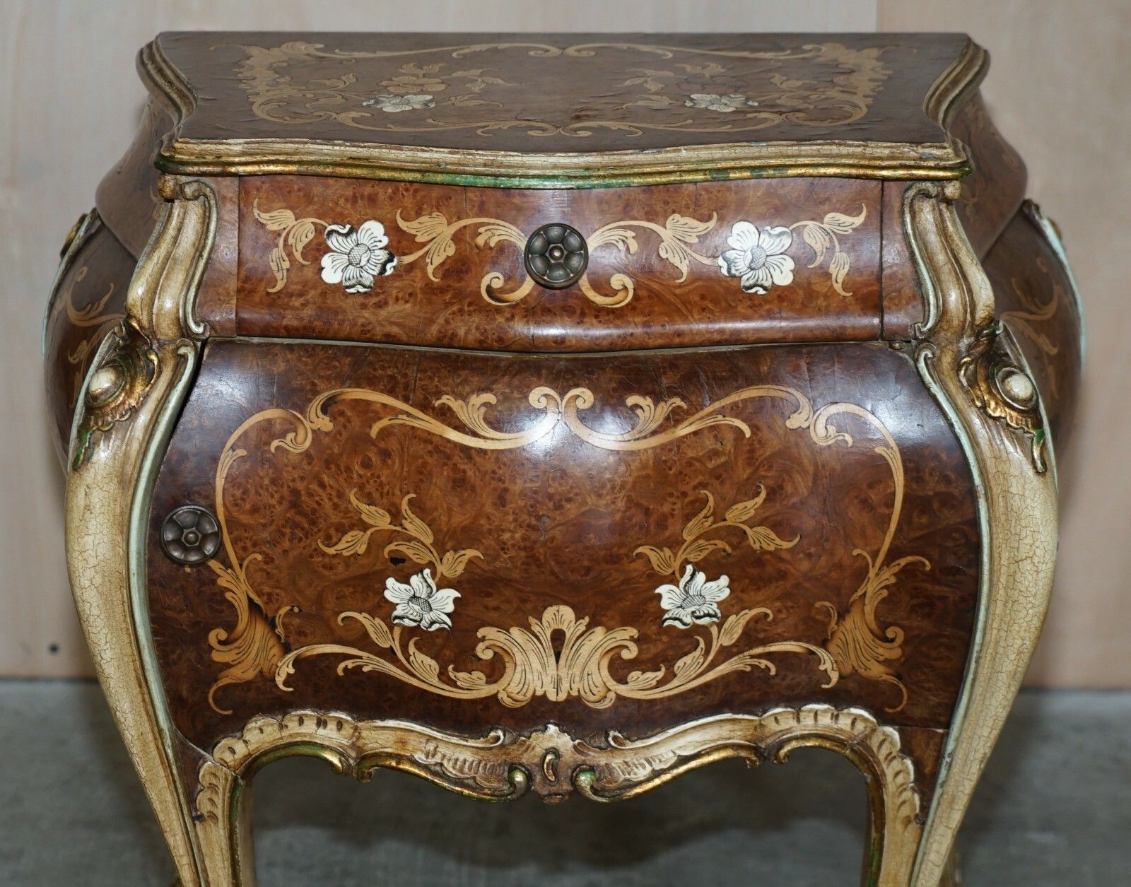 Fine Pair Of Italian Marquetry Inlaid Burr Walnut Bedside Bombe Chest Of Drawers photo Furniture