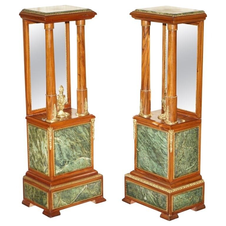 Pair Of Antique Gilt Bronze Mounted Walnut Green Marble Topped Pedestal Stands