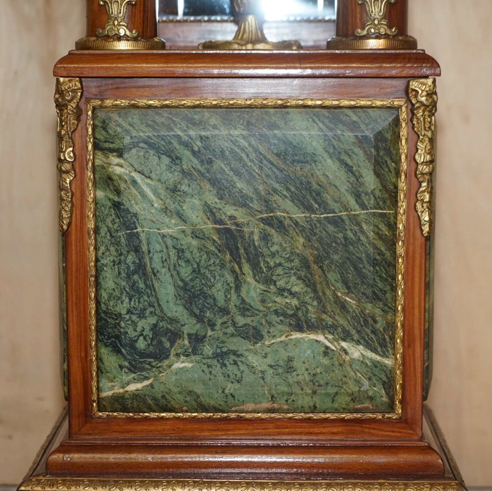 Pair Of Antique Gilt Bronze Mounted Walnut Green Marble Topped Pedestal Stands photo vintage