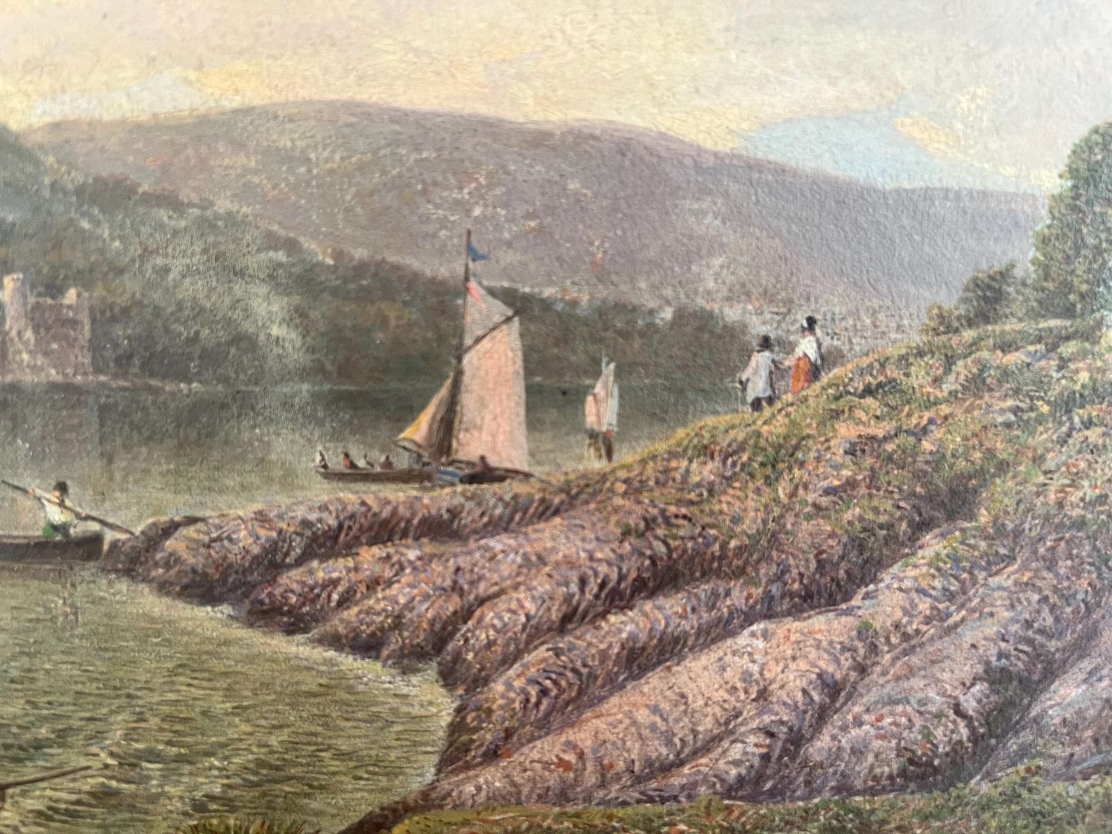 Antique Lake Landscape Oil Painting On Board – Rustic Mountain Scene With Boats & Castle – Vintage Wall Art, 19th Century Original Art photo for sale