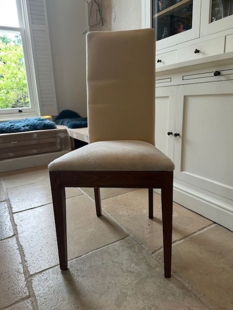 Solid Oak Dining Chairs With Fabric Seat And Back.  Uncovered.  8 Chairs Altogether.  Seat Height 48cm X Back Height 101cm X Depth 45cm X Width 45cm. photo for sale