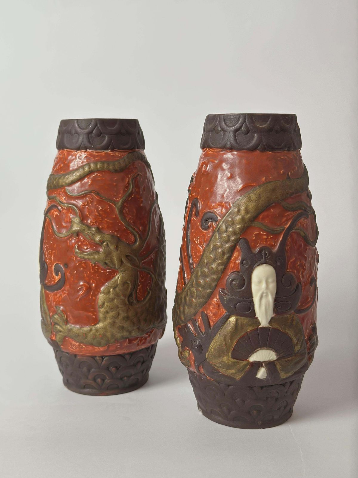 Pair Of Jugendstil Style Ceramic Dragon Vases By Bb Hohenstein, Germany photo for sale
