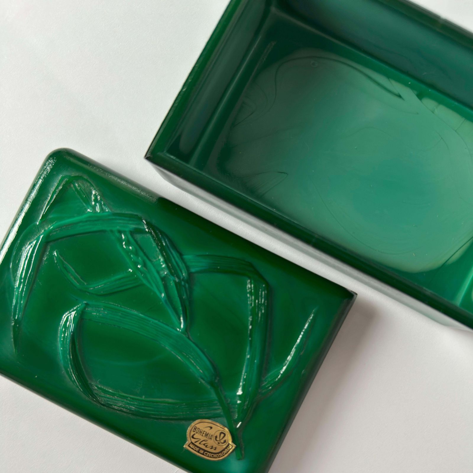 Czech Malachite Glass Trinket Box In The Style Of Schlevogt, Circa 1950 photo furniture