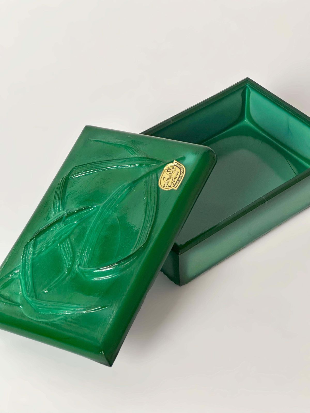Czech Malachite Glass Trinket Box In The Style Of Schlevogt, Circa 1950 photo Home Decor