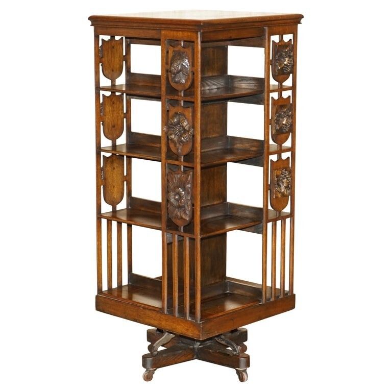 Extra Large Unique Antique Victorian Art Nouveau Hand Carved Revolving Bookcase