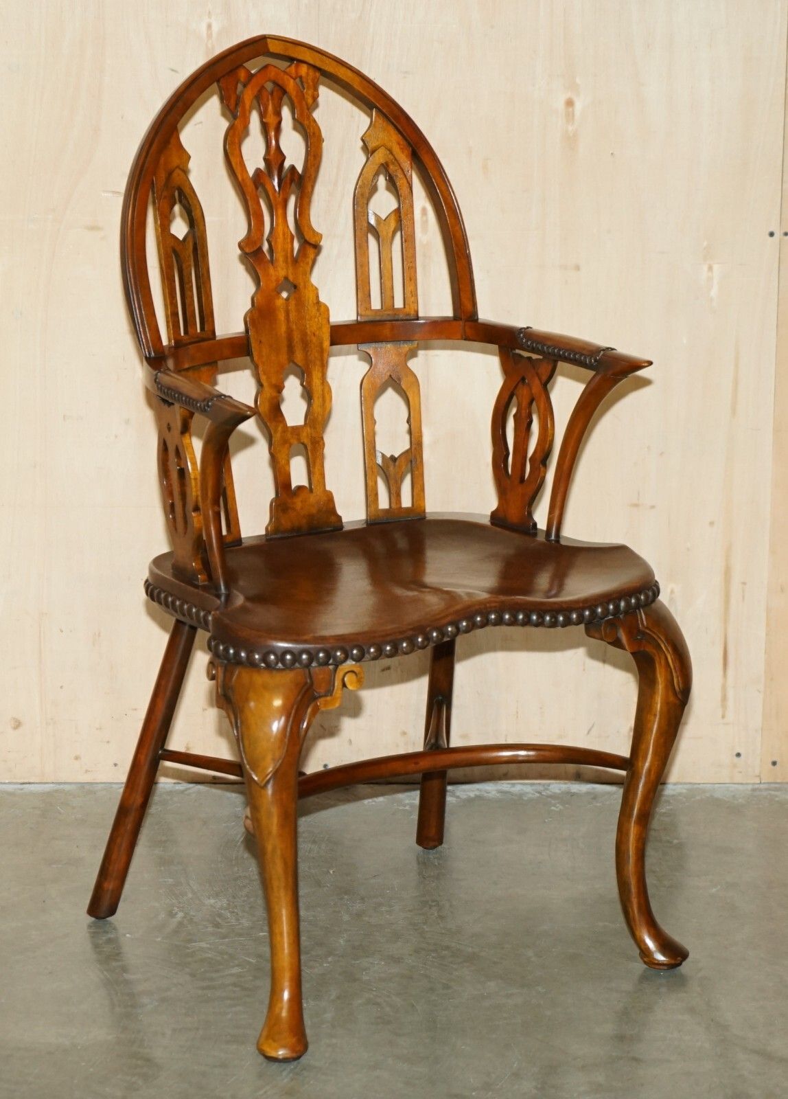 photo buy Theodore Alexander Secretaire Desk & Gothic Revival Windsor Brown Leather Chair