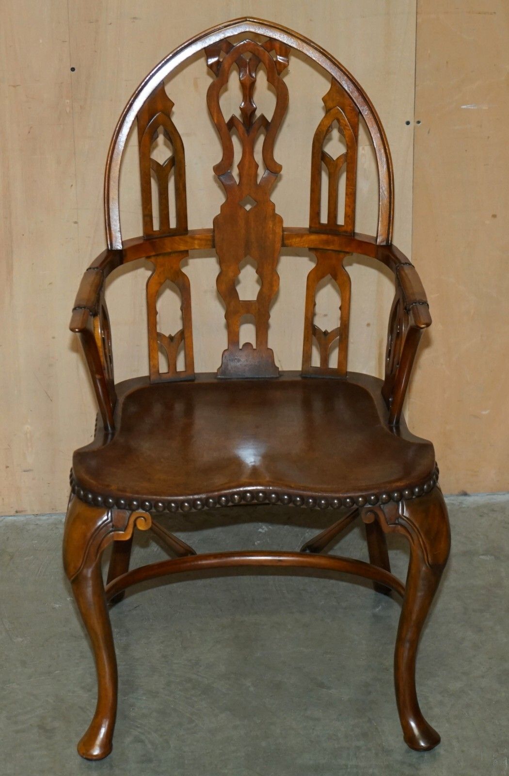 photo vintage Theodore Alexander Secretaire Desk & Gothic Revival Windsor Brown Leather Chair