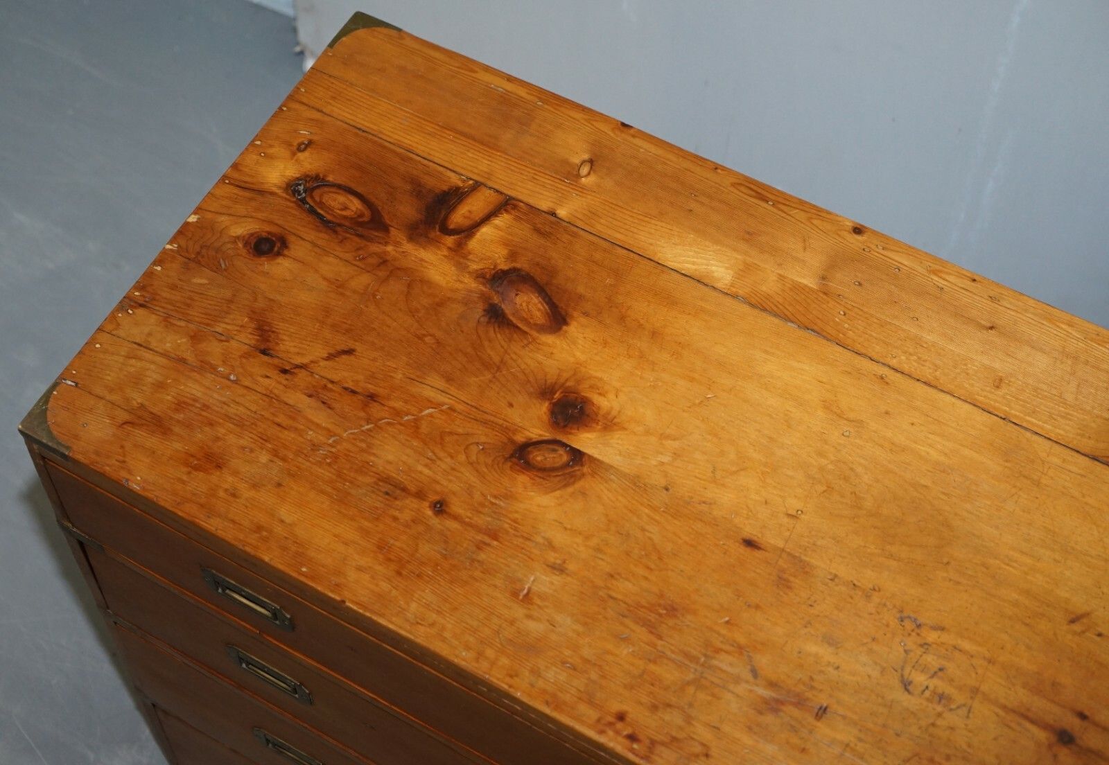 Sublime Victorian Pine Military Campaign Chest Of Drawers Original Brass Fitting photo Furniture