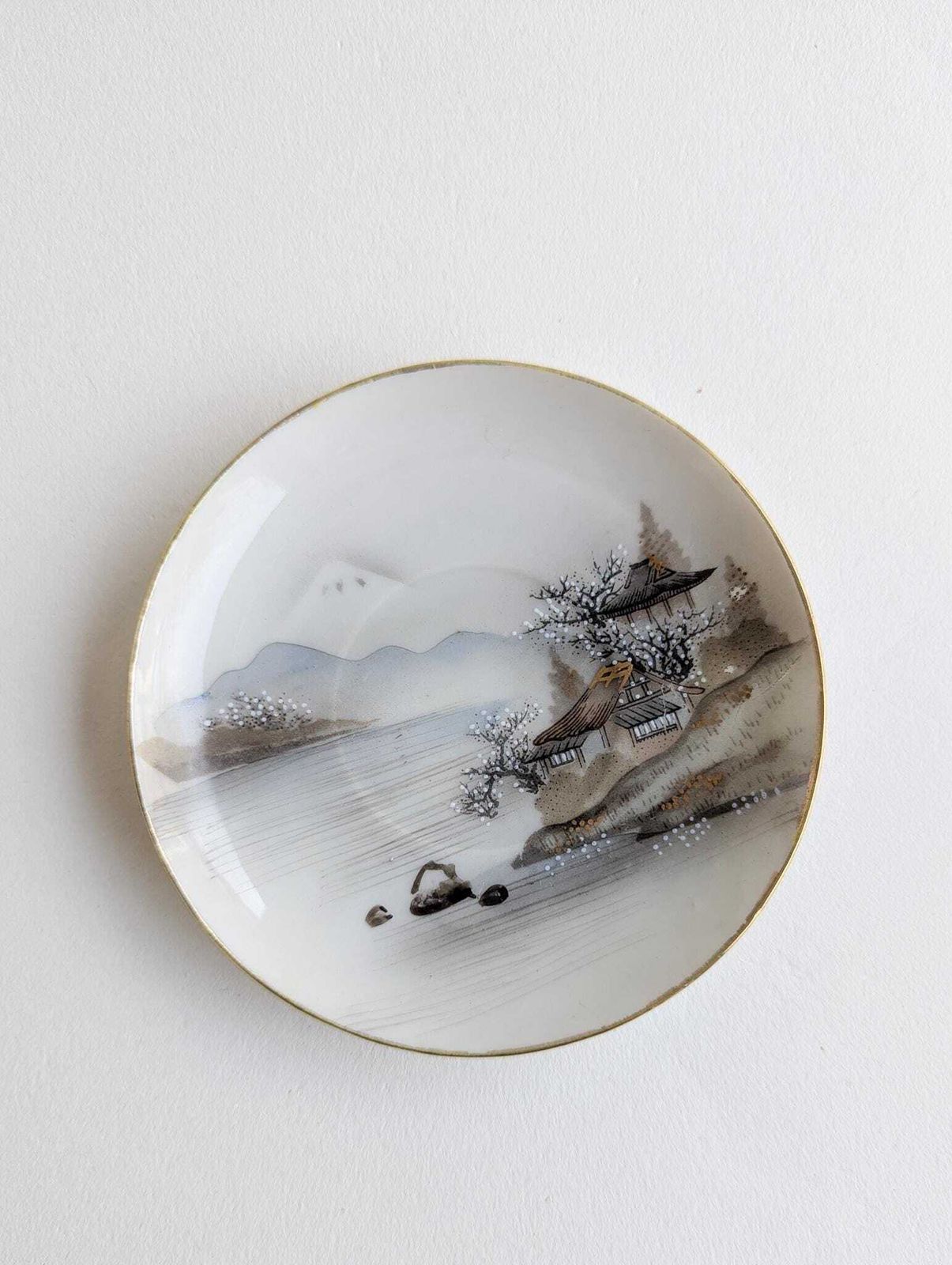 Set Of Six Mid Century Japanese Demitasse Cups And Saucers, Mount Fuji Coffee Cups With Matching Saucers photo vintage