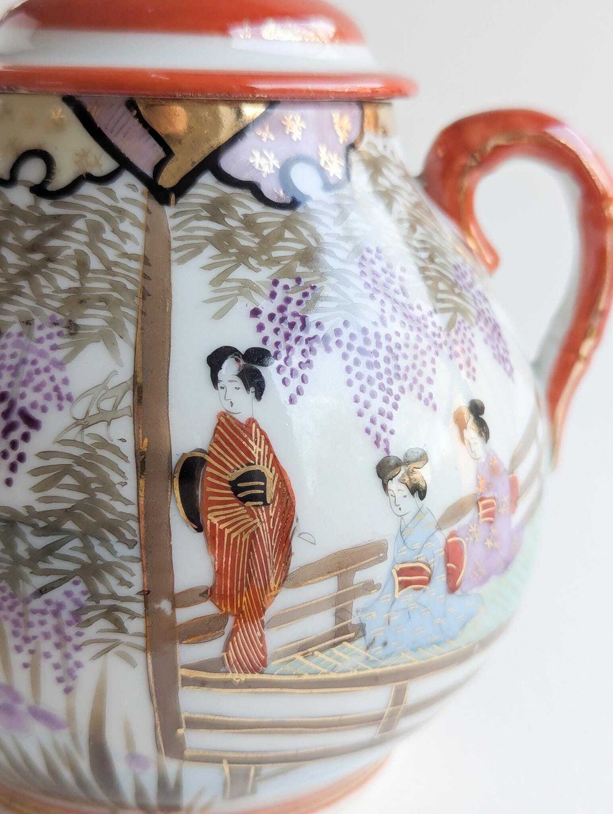 Vintage Kutani Teapot And Sugar Bowl, Hand Painted Japanese Geisha Tea Set photo 65.0