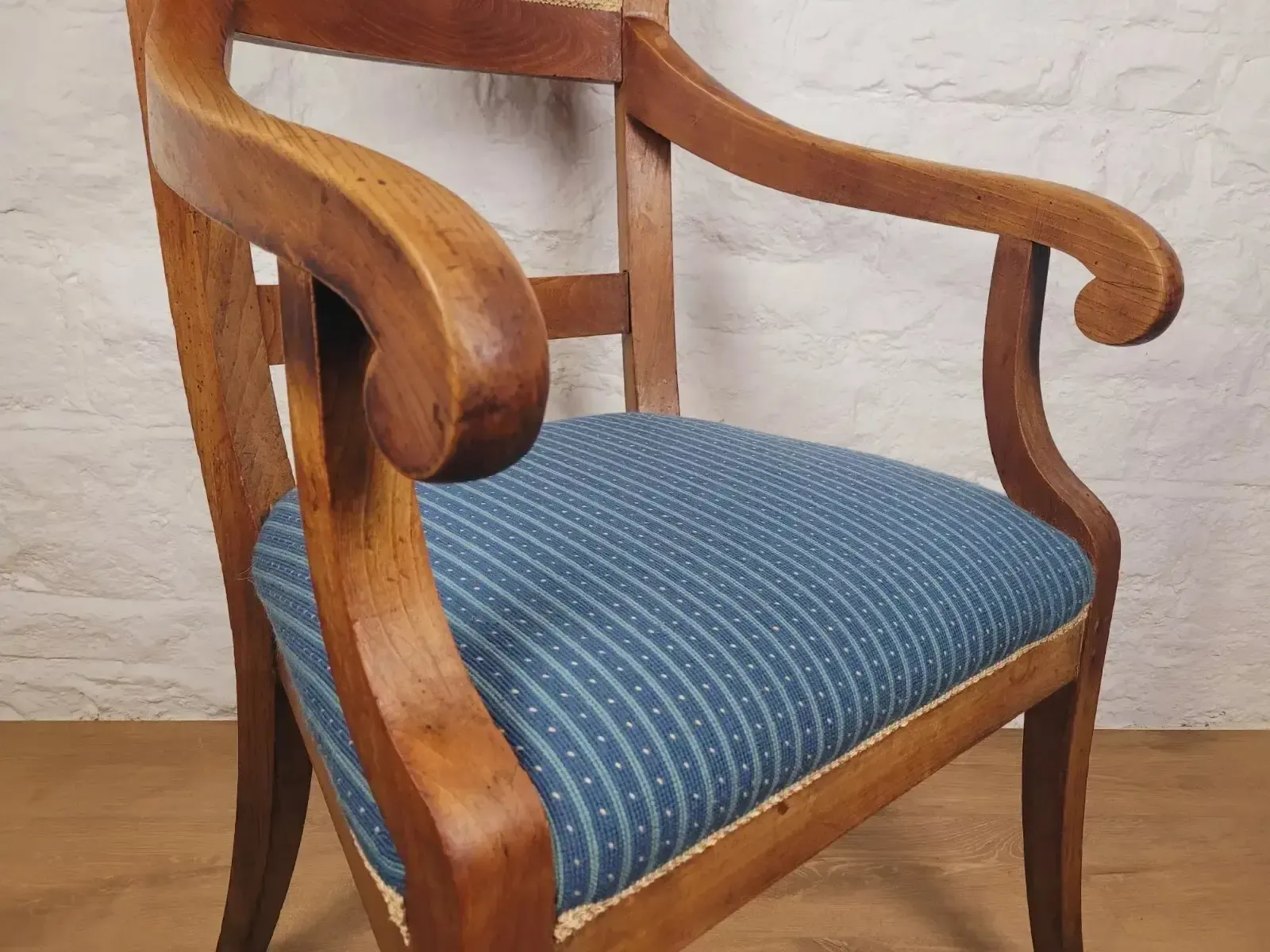 Vintage Fruitwood Armchair High Back Large Upholstered Blue Postage Available photo 145.0