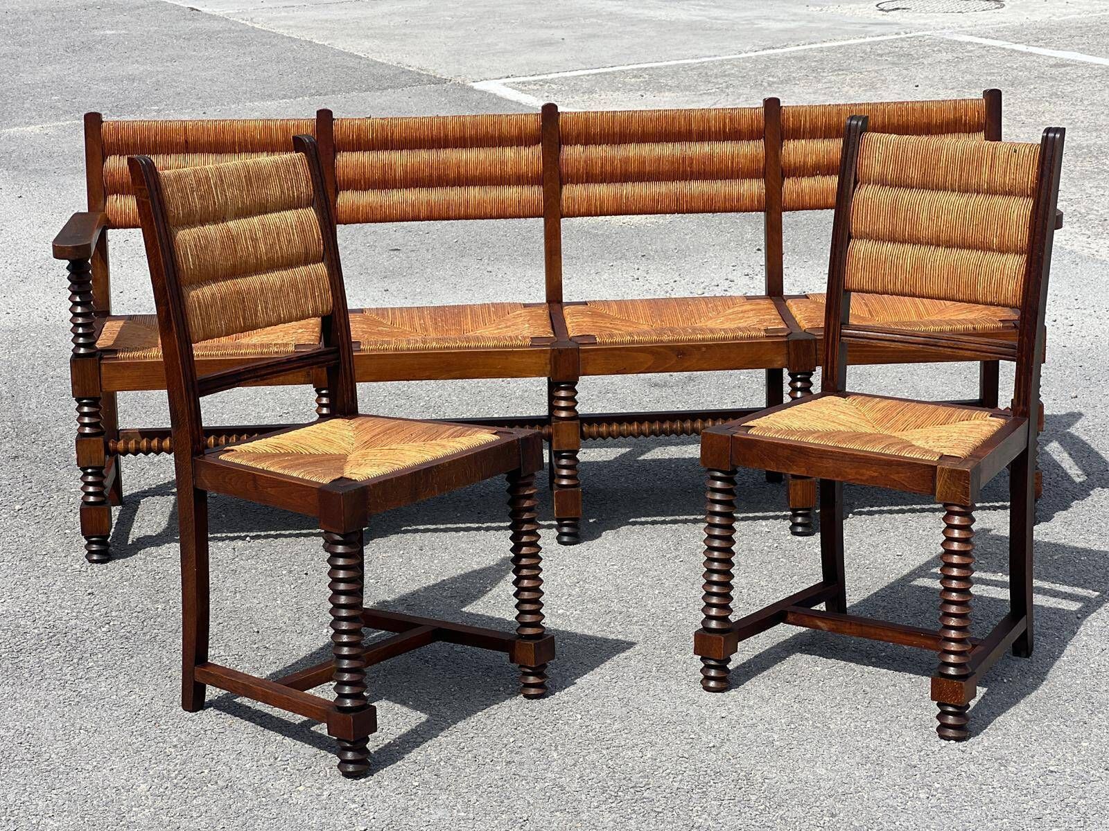 Set Of Benches And 2 Chairs In Solid Oak And Straw, French Work, 1940 photo Furniture