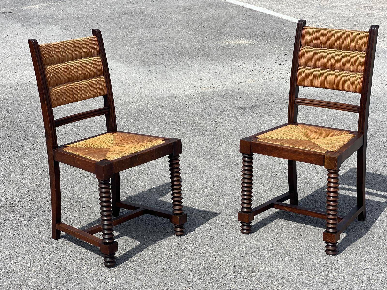 Furniture Set Of Benches And 2 Chairs In Solid Oak And Straw, French Work, 1940 photo