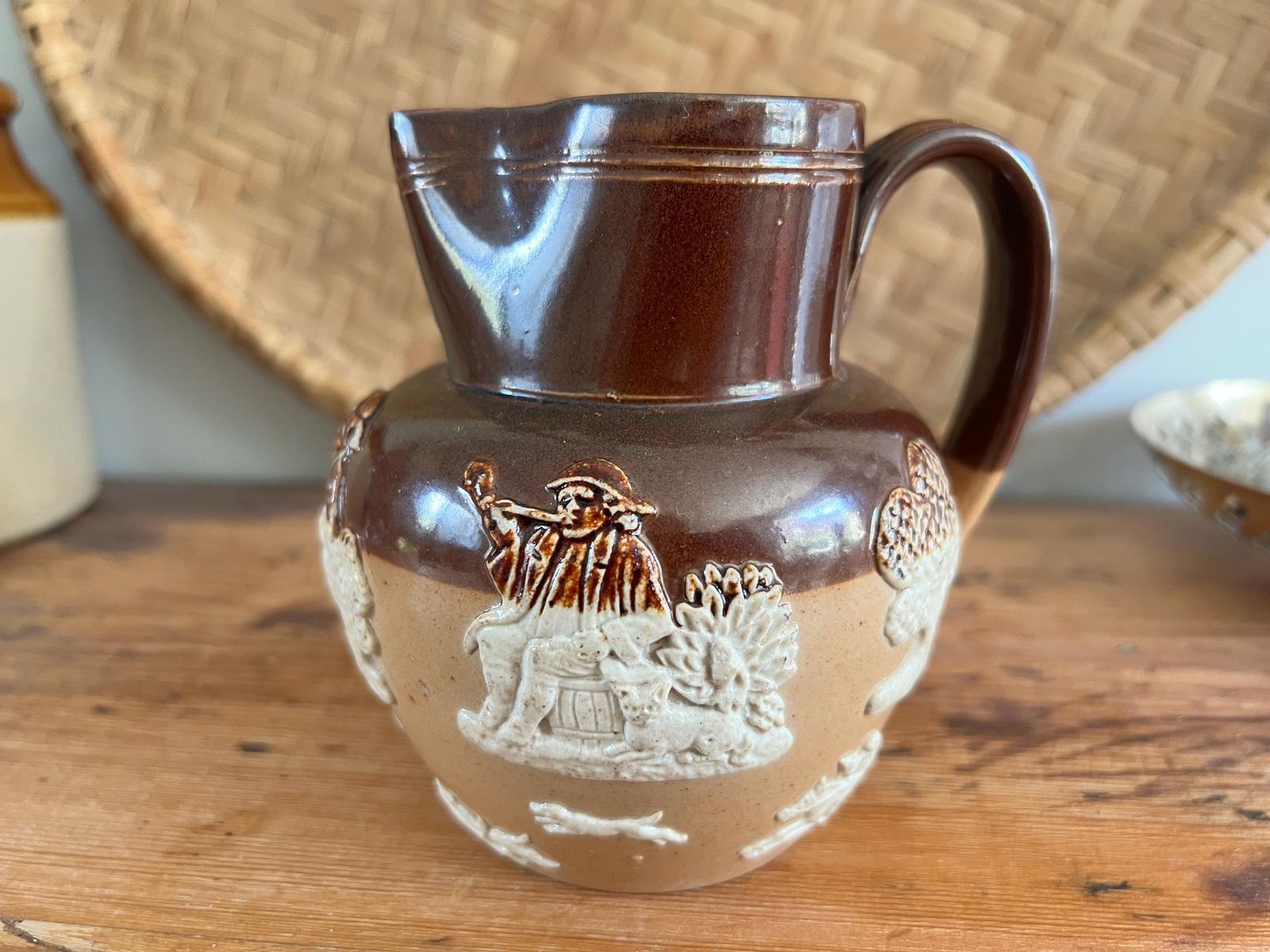 Antique Doulton Lambeth Stoneware Pitcher   Impressed Relief Scene Jug   Brown & Tan Salt Glaze Jug   English Pottery   Harvest Scene photo for sale