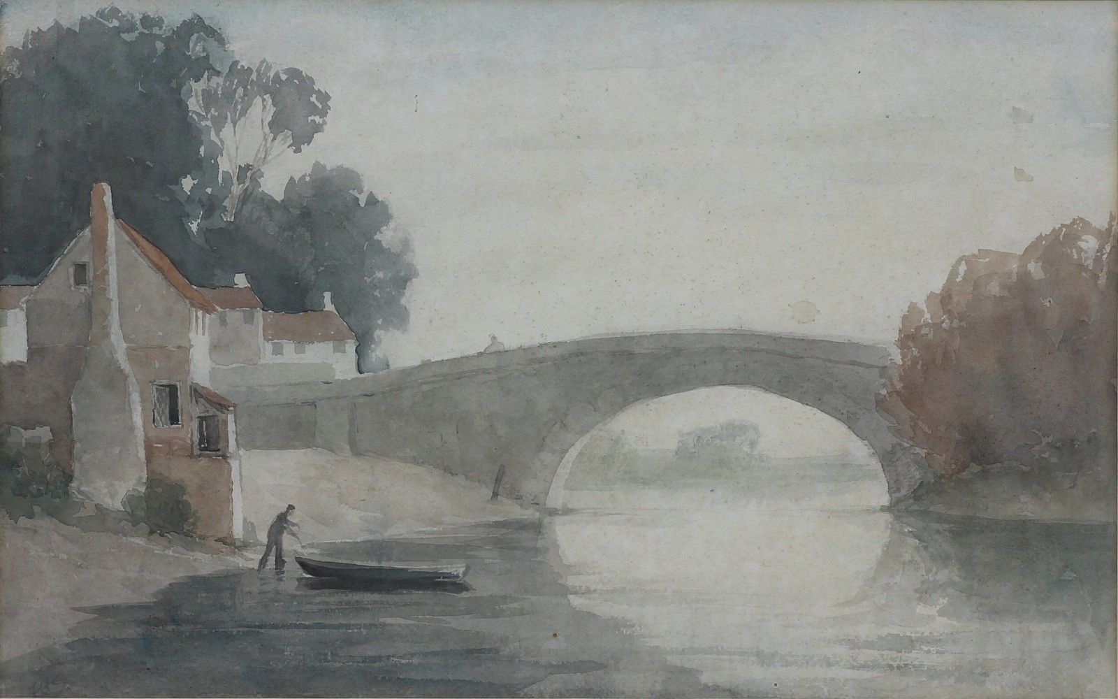 Watercolour Signed Fhs (Fgs).  Attributed To F H S Shepherd. River With Bridge. photo furniture