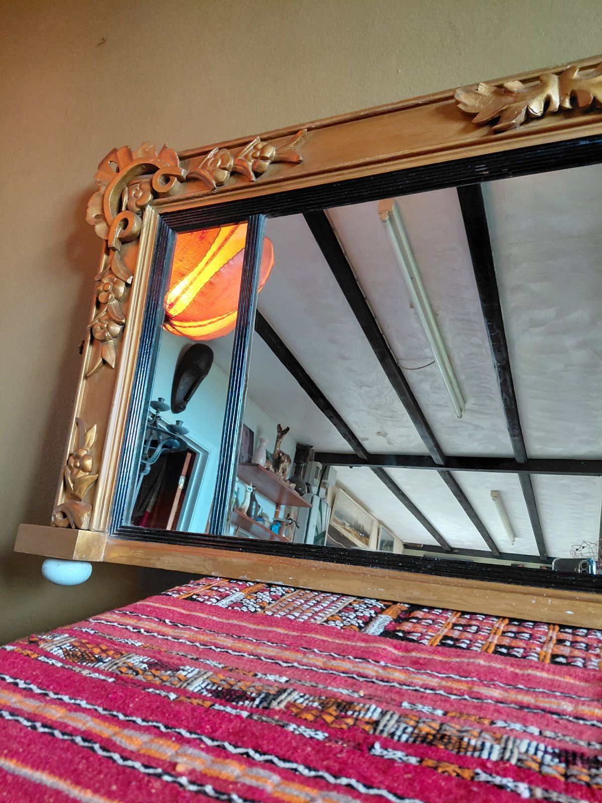 19th Century Gilt Framed Triple Over Mantle Mirror On Ceramic Bun Feet With Ebonised & Reeded Slip Frame photo for sale